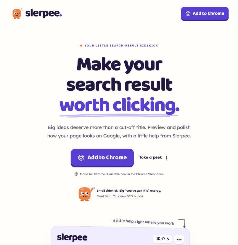 Slerpee’s website, showing its Google search preview extension